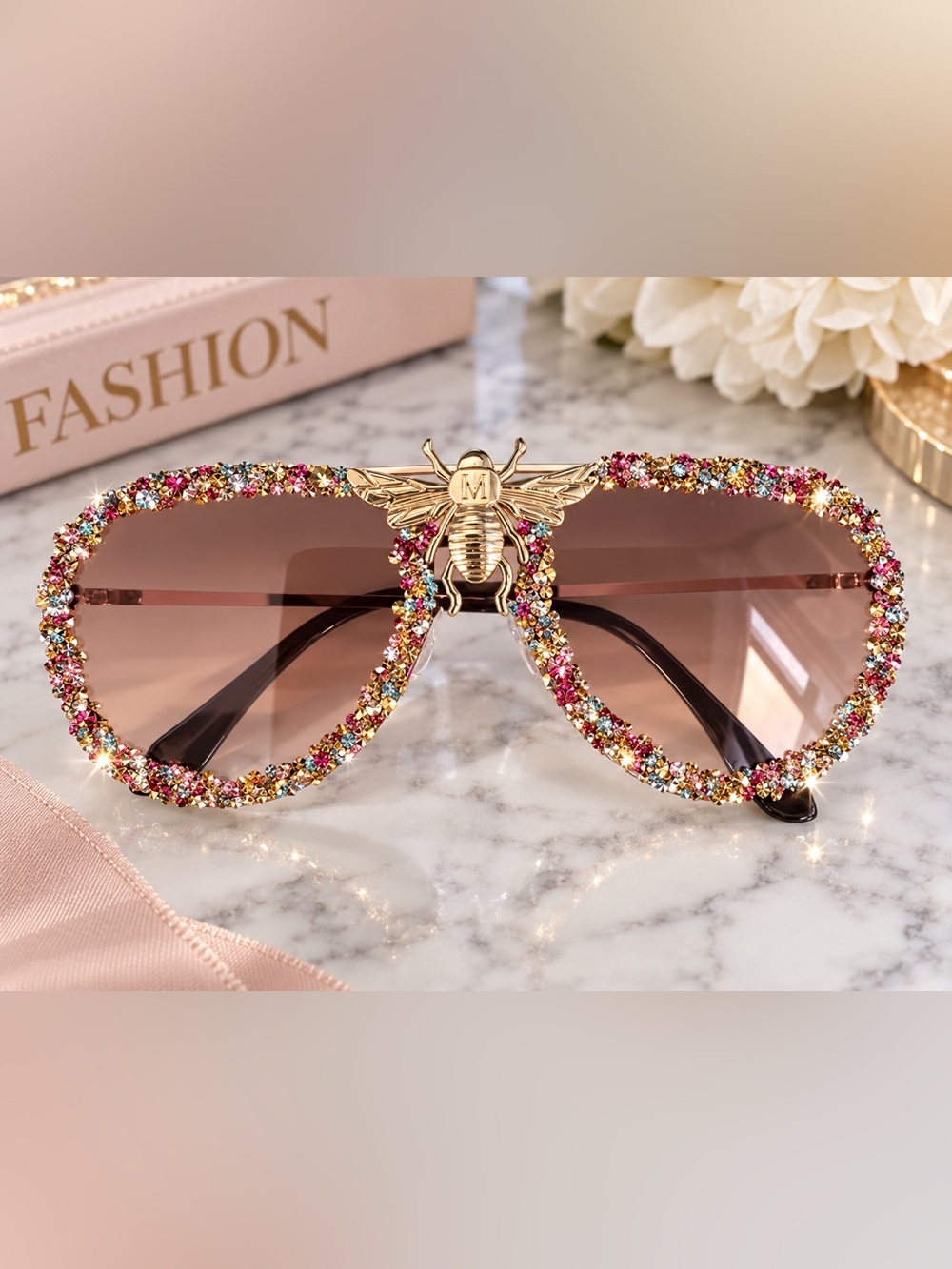 Embellished Gold Bee Multicolor Sunglasses - Women Accessories